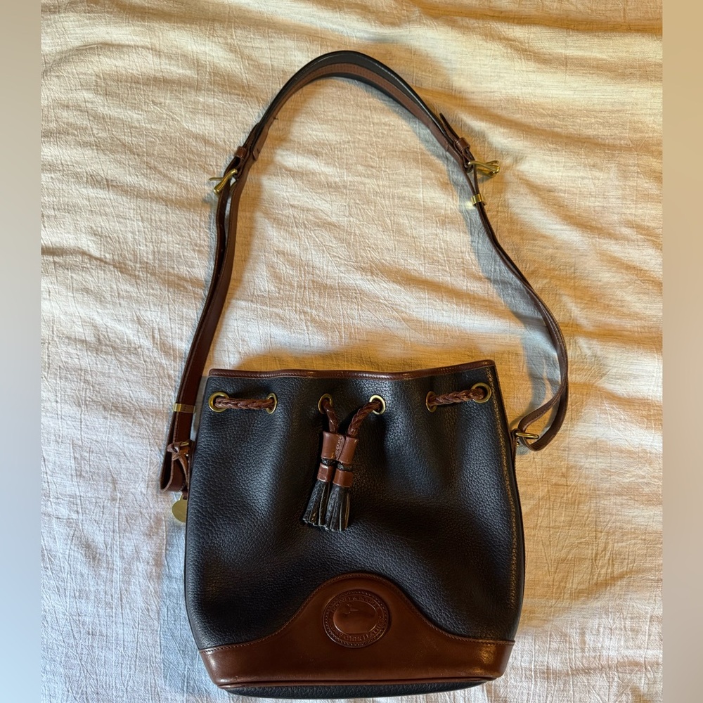 Vintage Dooney & Bourke Black and Brown Leather Shoulder Bucket Bag